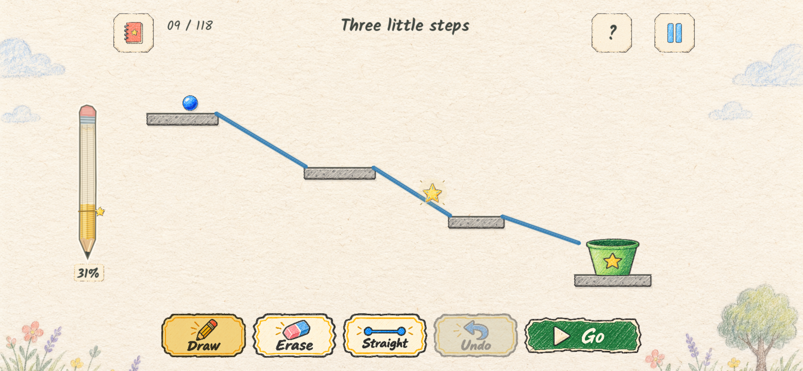 Real gameplay showing a drawn route across platforms to the bucket