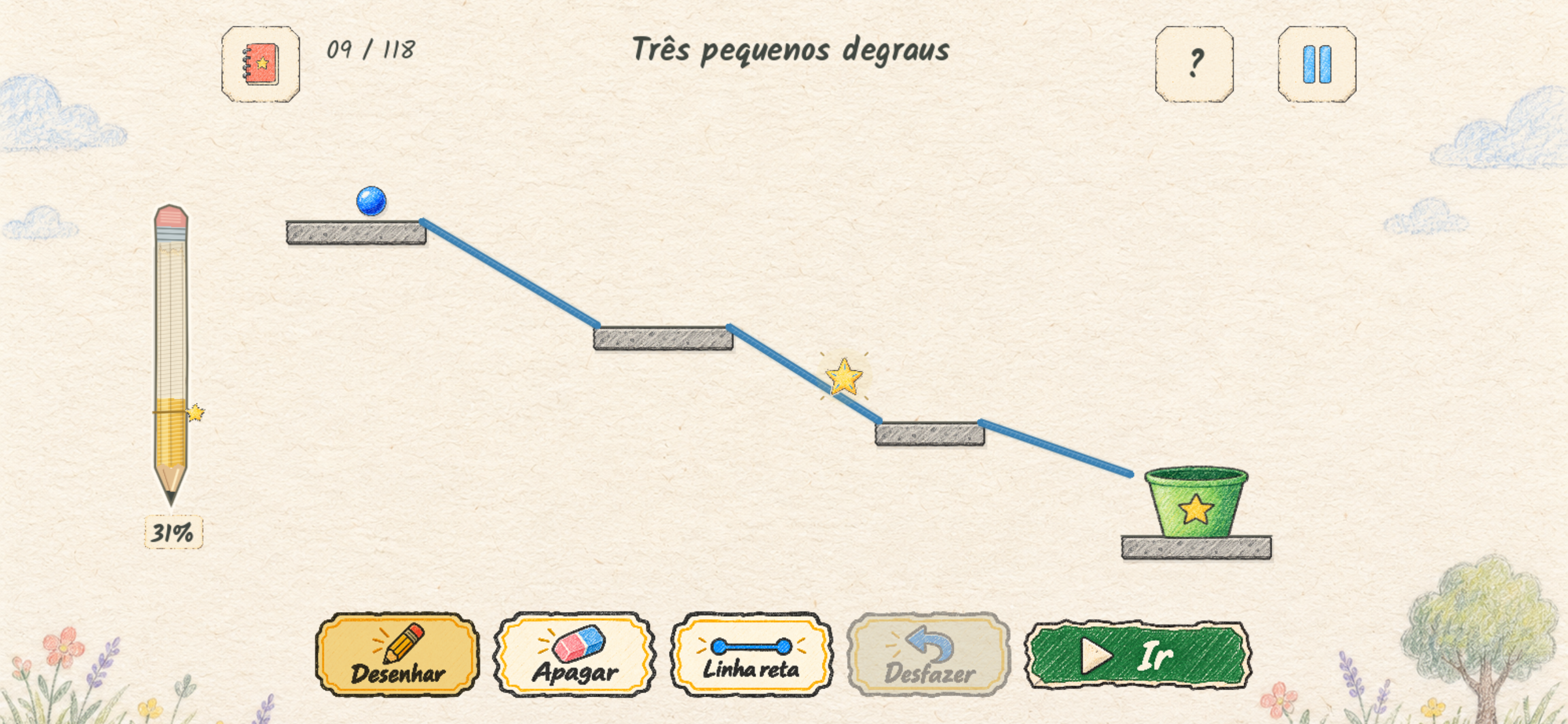 Tela do jogo com um caminho desenhado entre plataformas até o balde